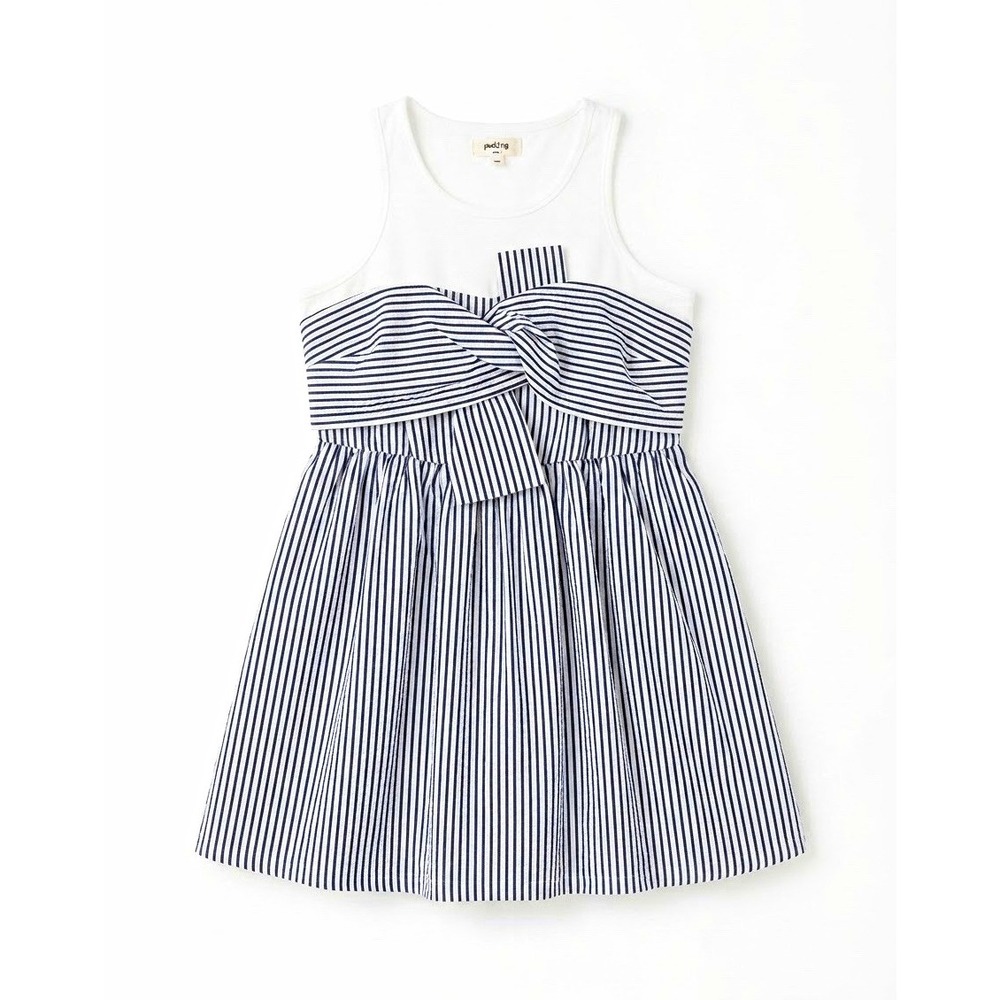 Anthropologie Porridge White/Blue Striped Dress SZ L Sleeveless Knee Bow Bubble